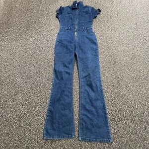 Project Rebel Jumpsuit Womens S Blue Denim Flare Leg Full Zip Short Sleeve Retro